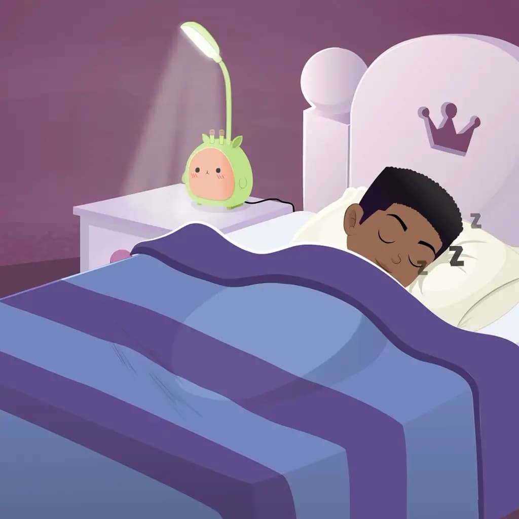 A cute boy animated cartoon character sleeping on his bedroom aka uzi