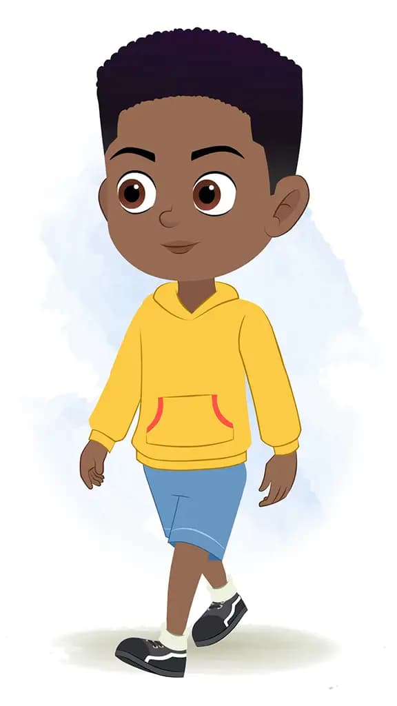 A black boy 3/4 front view/three quarter view walking animated cartoon character aka uzi 3/4
