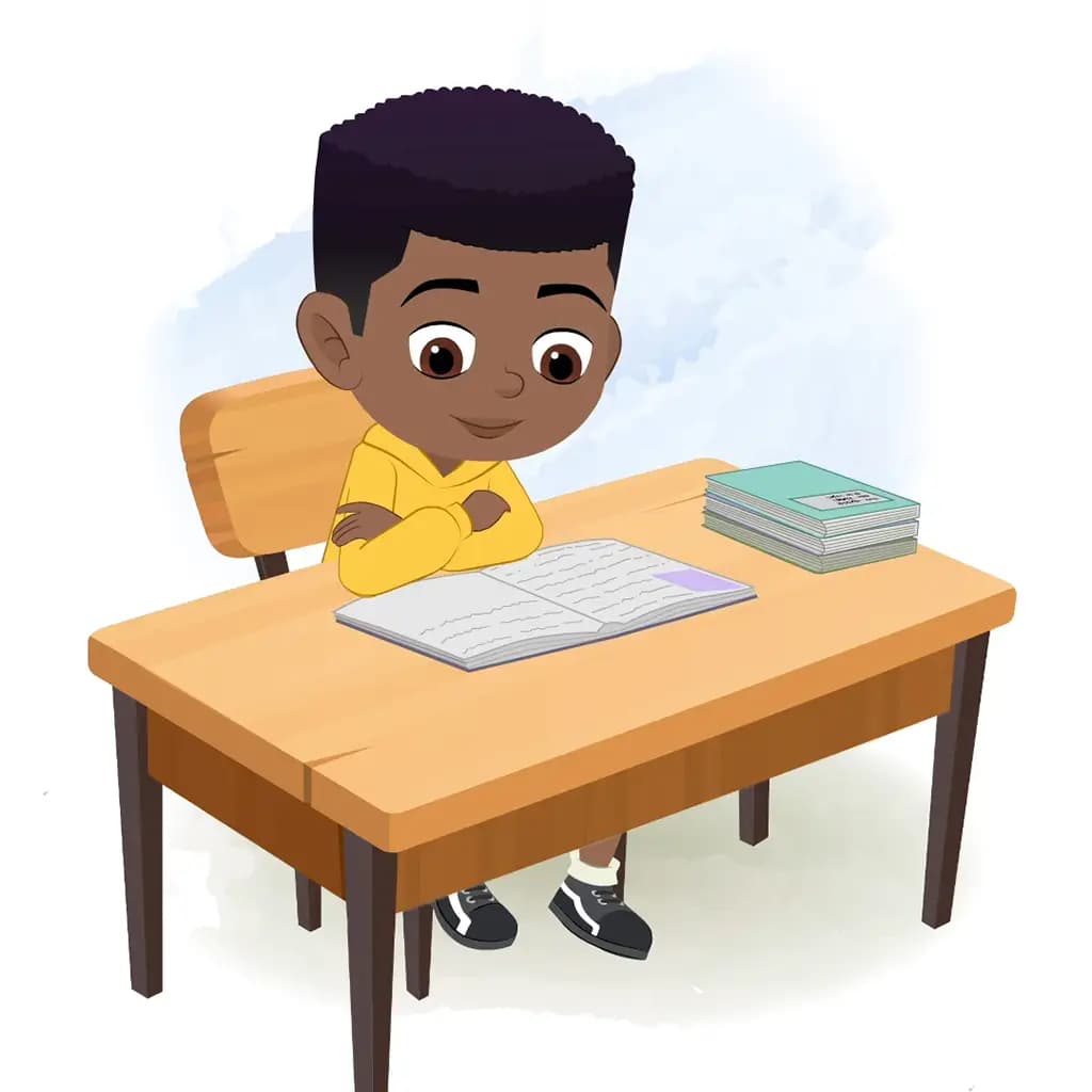 A black boy reading a book and sitting on the table animated cartoon character aka uzi