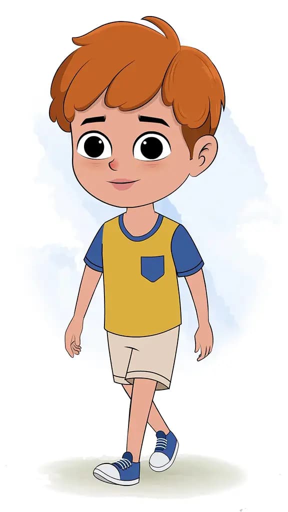 A red hair boy 3/4 front view/three quarter view walking animated cartoon character aka leo 3/4