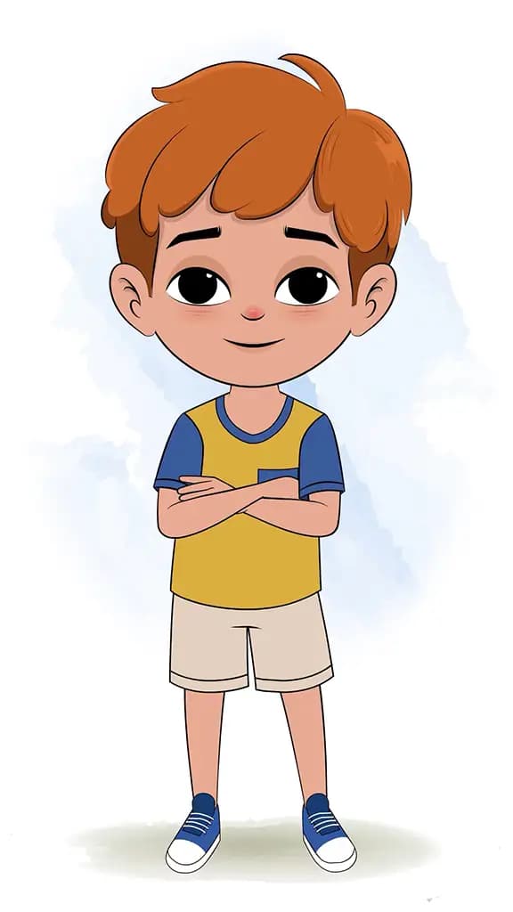 A red hair boy standing with cross hand and talking animated cartoon character aka leo