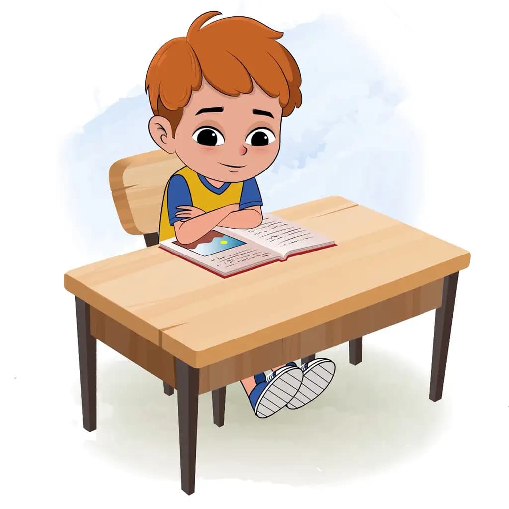 A red hair boy reading a book and sitting on the table animated cartoon character aka leo