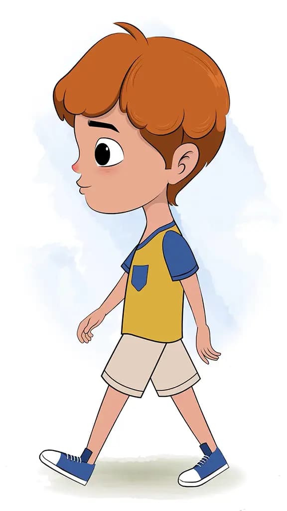 A red hair boy walking side view animated cartoon character aka leo