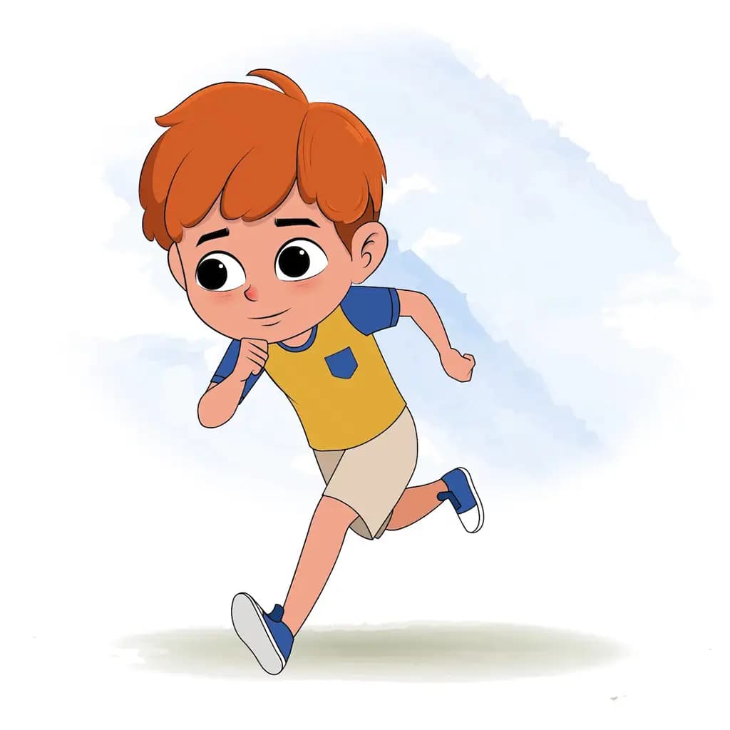 A red hair boy running three quarter view animated cartoon character. A 3/4 three quater view running cartoon aka leo