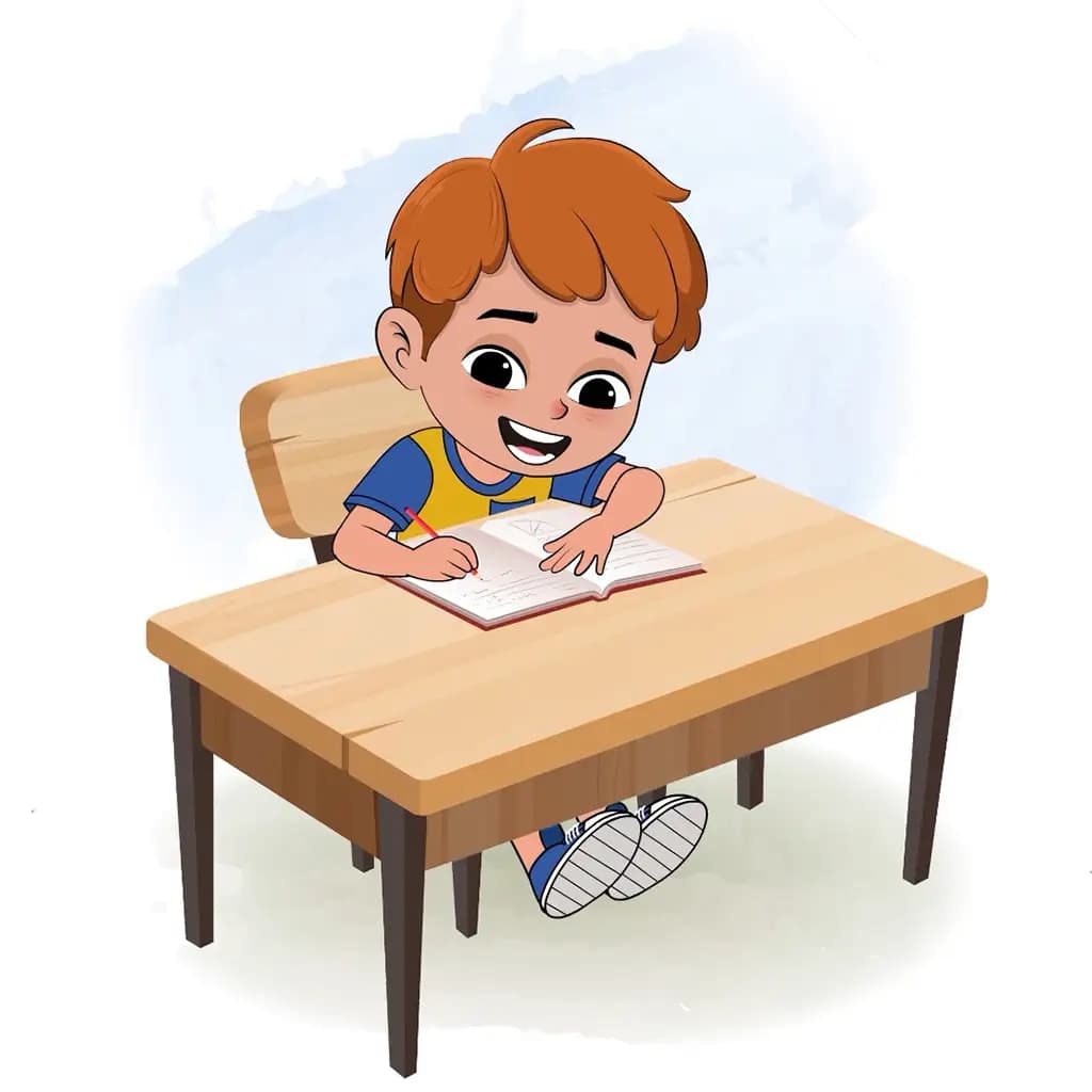 A red hair boy doing homework and sitting on the table animated cartoon character aka leo
