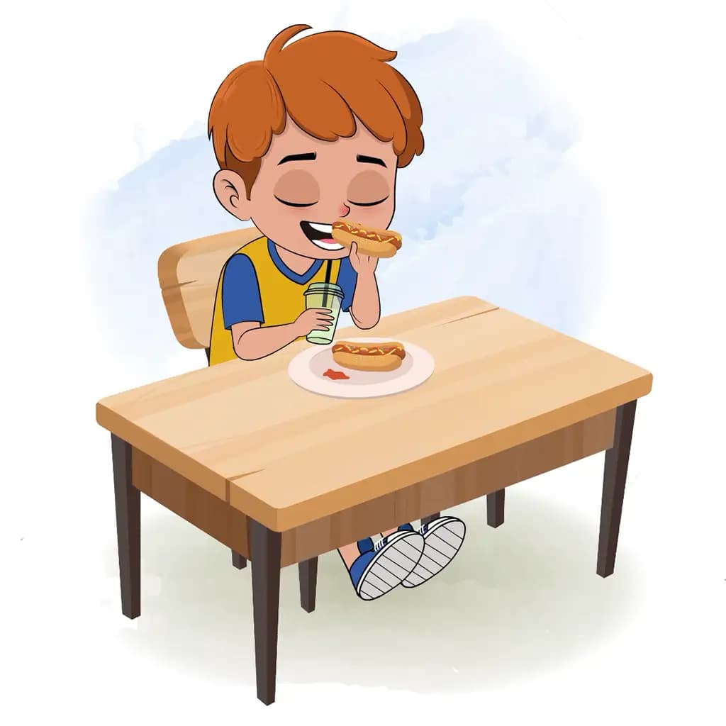 A red hair boy animated cartoon character sitting at a table and eating a sandwich aka leo