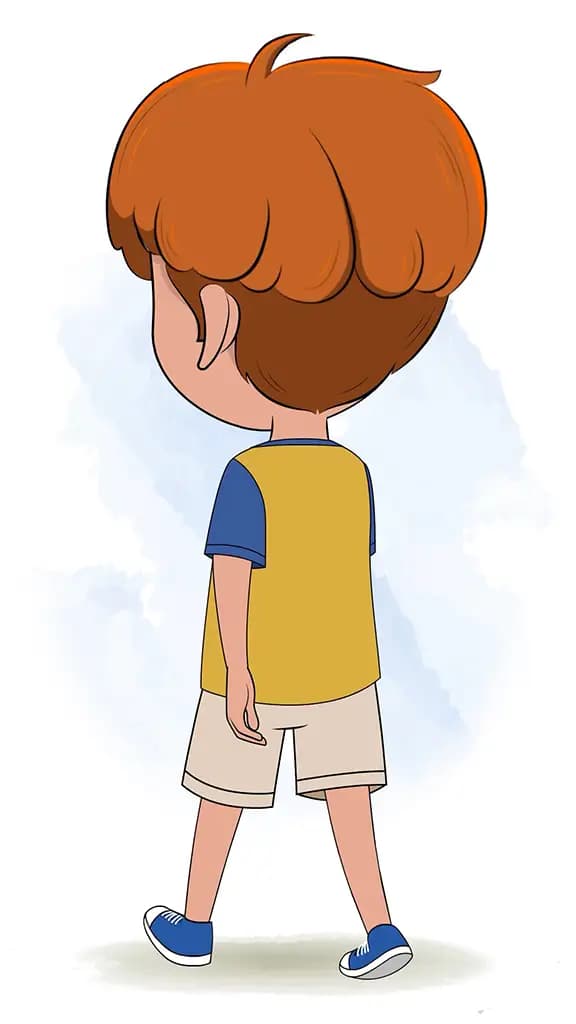 A red hair boy three quarter view walking animated vector cartoon character aka leo