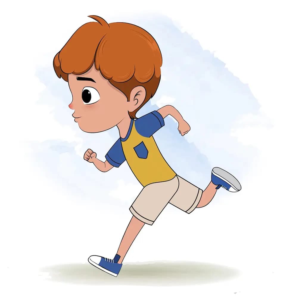 A red hair boy running fast side view animated cartoon character aka leo
