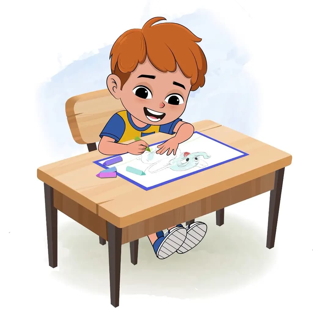 A red hair boy is sitting at a table with some crayons and colouring on the paper aka leo