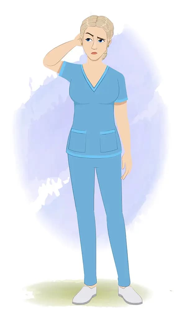 A beautiful female confused nurse animated cartoon character aka amy