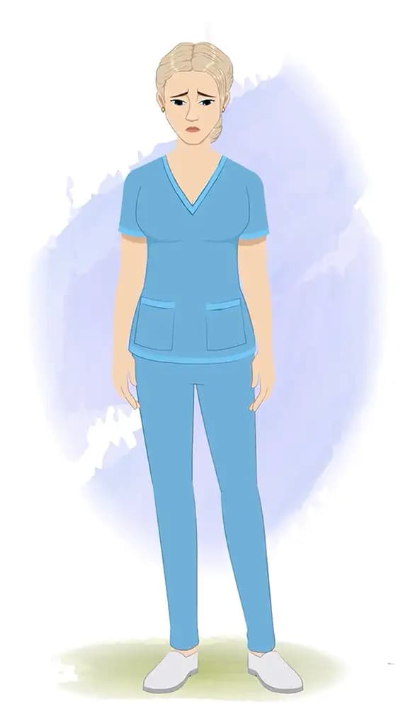 A beautiful female sad nurse animated cartoon character aka amy