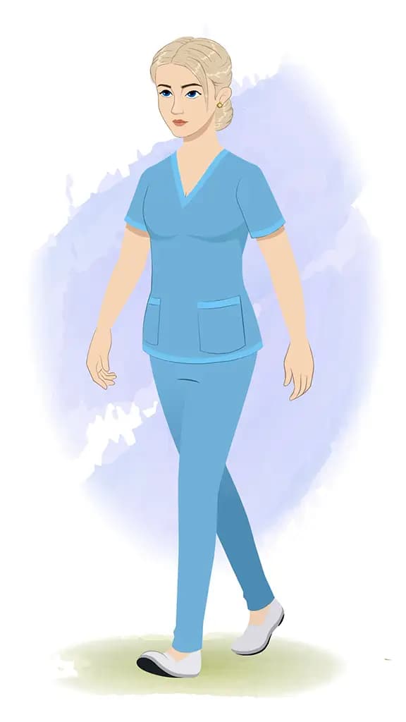 A beautiful female nurse 3/4 front view/three quarter view walking animated cartoon character aka may 3/4
