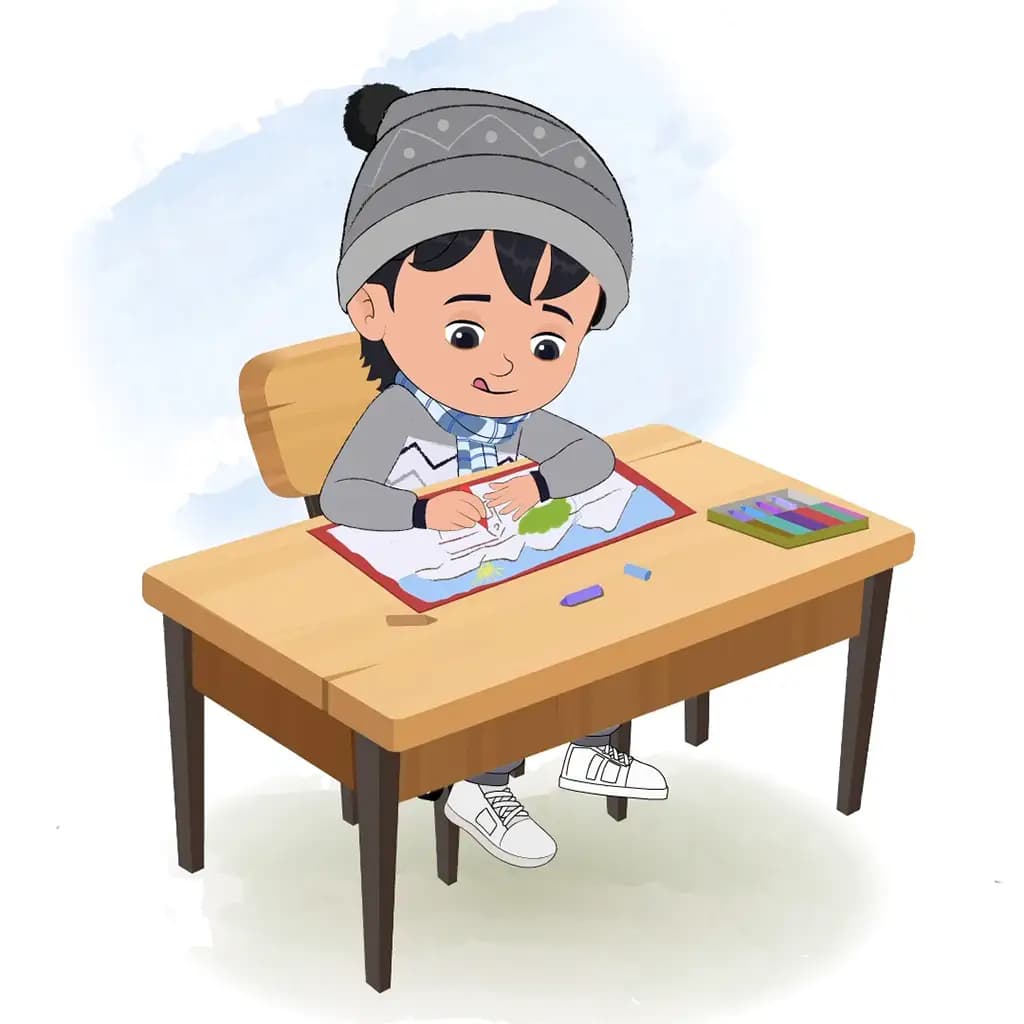 A little boy is sitting at a table with some crayons and coloring on the paper aka ansh