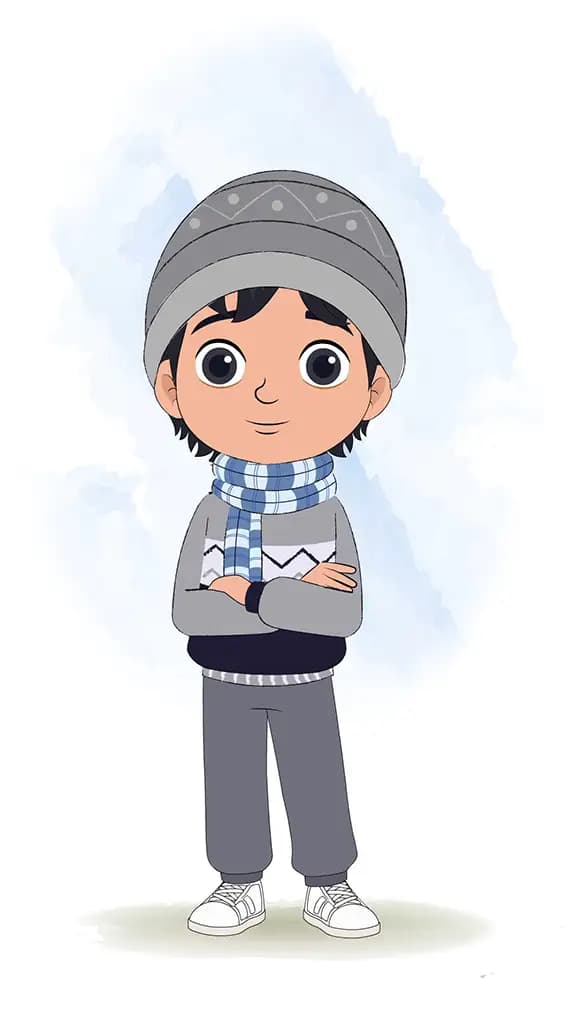 A little boy standing with cross hand and talking animated cartoon character aka ansh