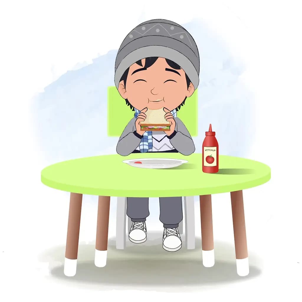 A little boy animated cartoon character sitting at a table and eating a sandwich aka ansh