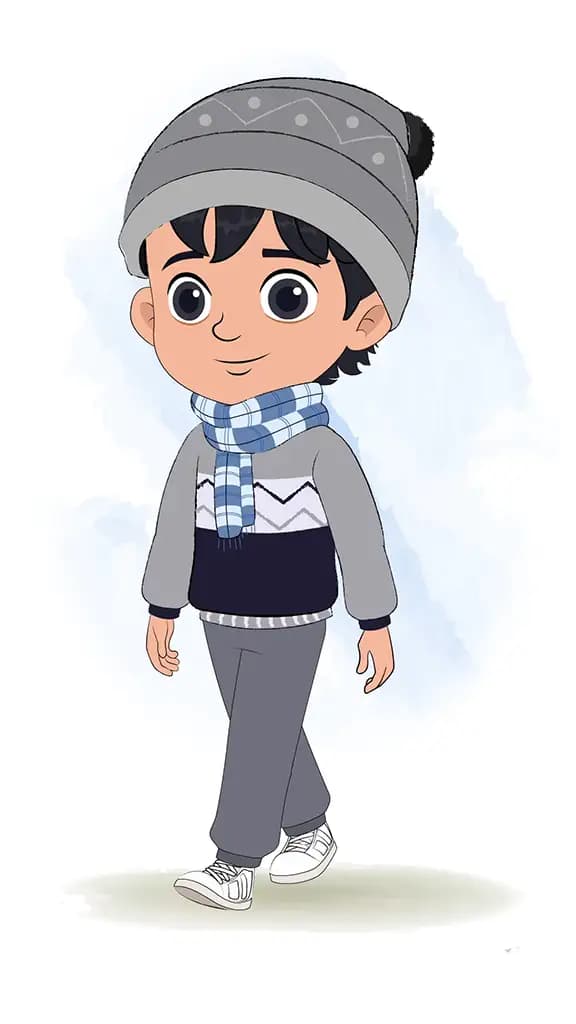 A little boy 3/4 front view/three quarter view walking animated cartoon character aka ansh