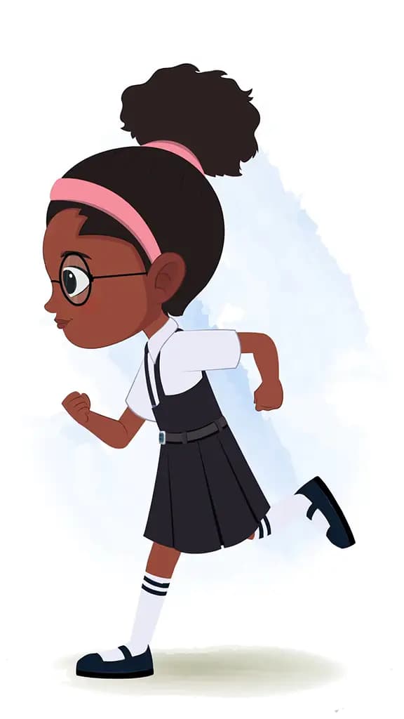 A cute black school girl running fast side view animated cartoon character aka lavy