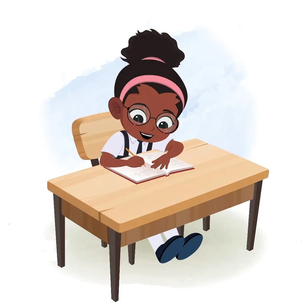 A cute black school girl doing homework and sitting on the table animated cartoon character aka lavy