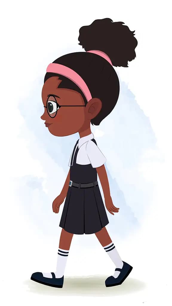 A cute black school girl walking side view animated cartoon character aka lavy