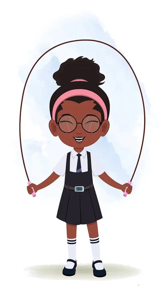 A cute black school girl jumping rope skipping animated cartoon character aka lavy
