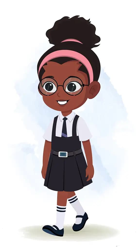 A cute black school girl 3/4 front view/three quarter view walking animated cartoon character aka lavy 3/4