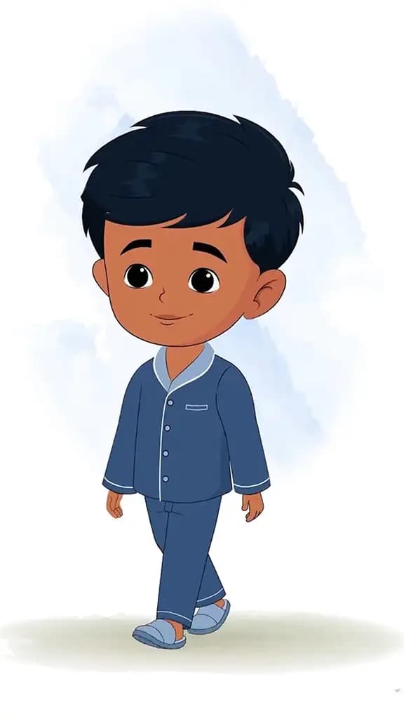An Indian boy 3/4 front view/three quarter view walking animated cartoon character aka arun 3/4