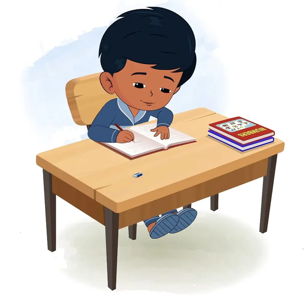 An Indian boy doing homework and sitting on the table animated cartoon character aka arun