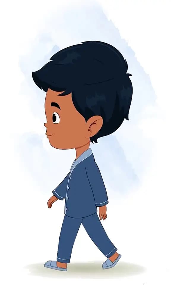 An Indian boy walking side view animated cartoon character aka arun