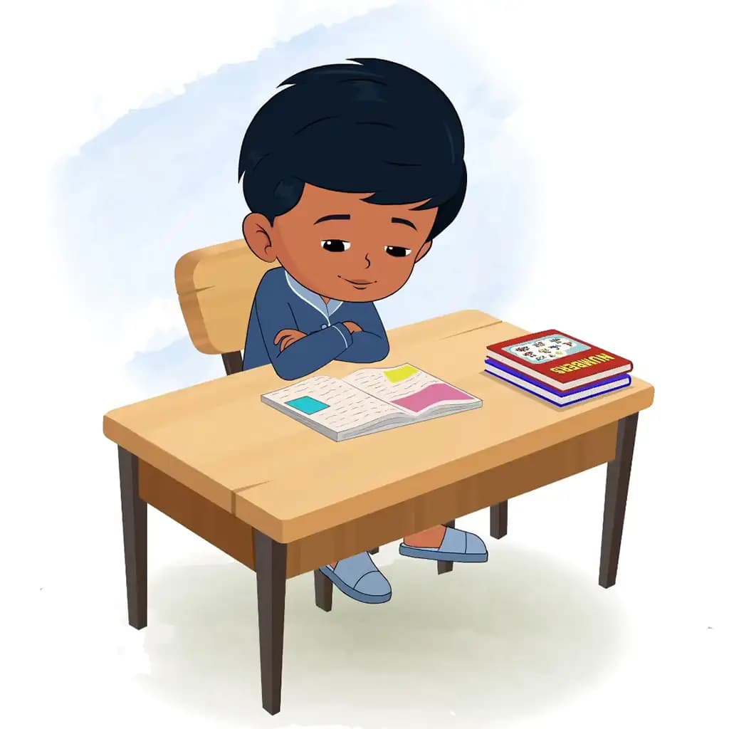 An Indian boy reading a book and sitting on the table animated cartoon character aka arun