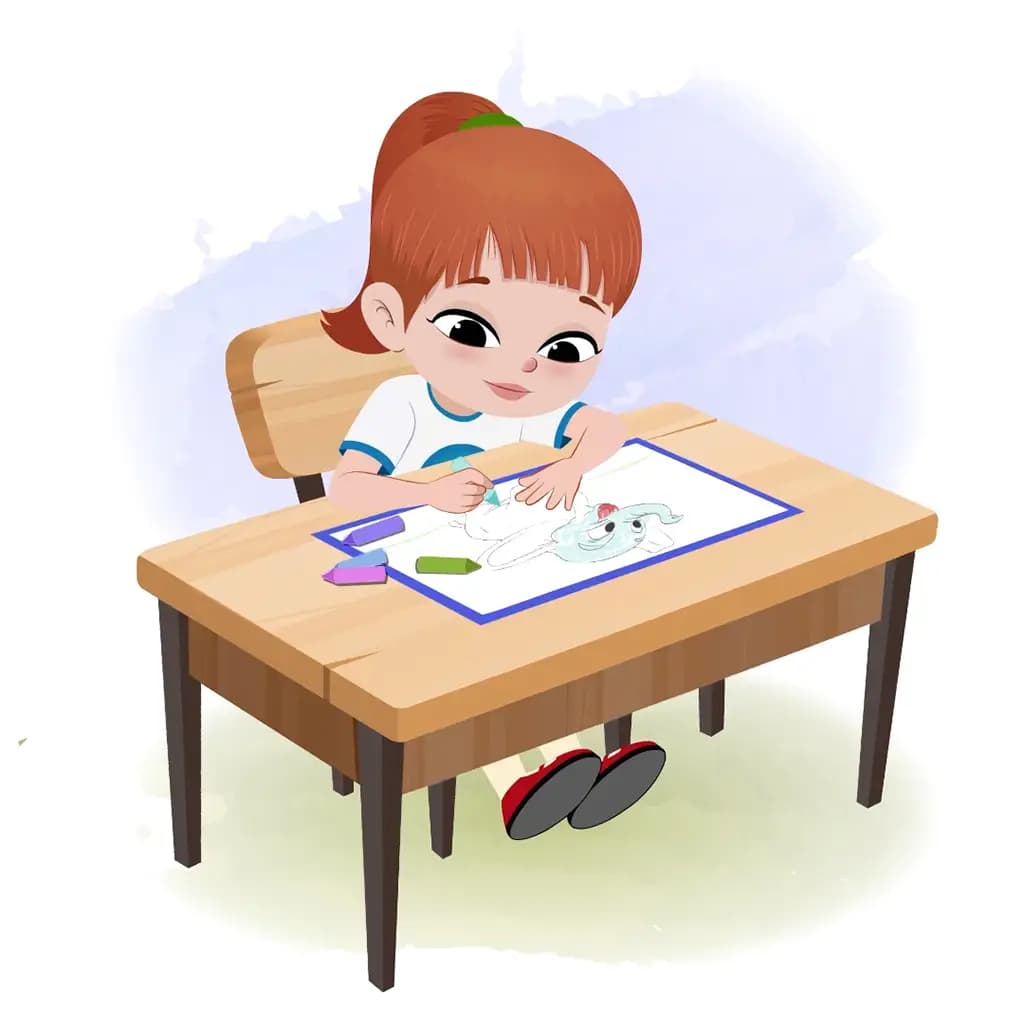 A cute little girl is sitting at a table with some crayons and coloring on the paper aka kathy