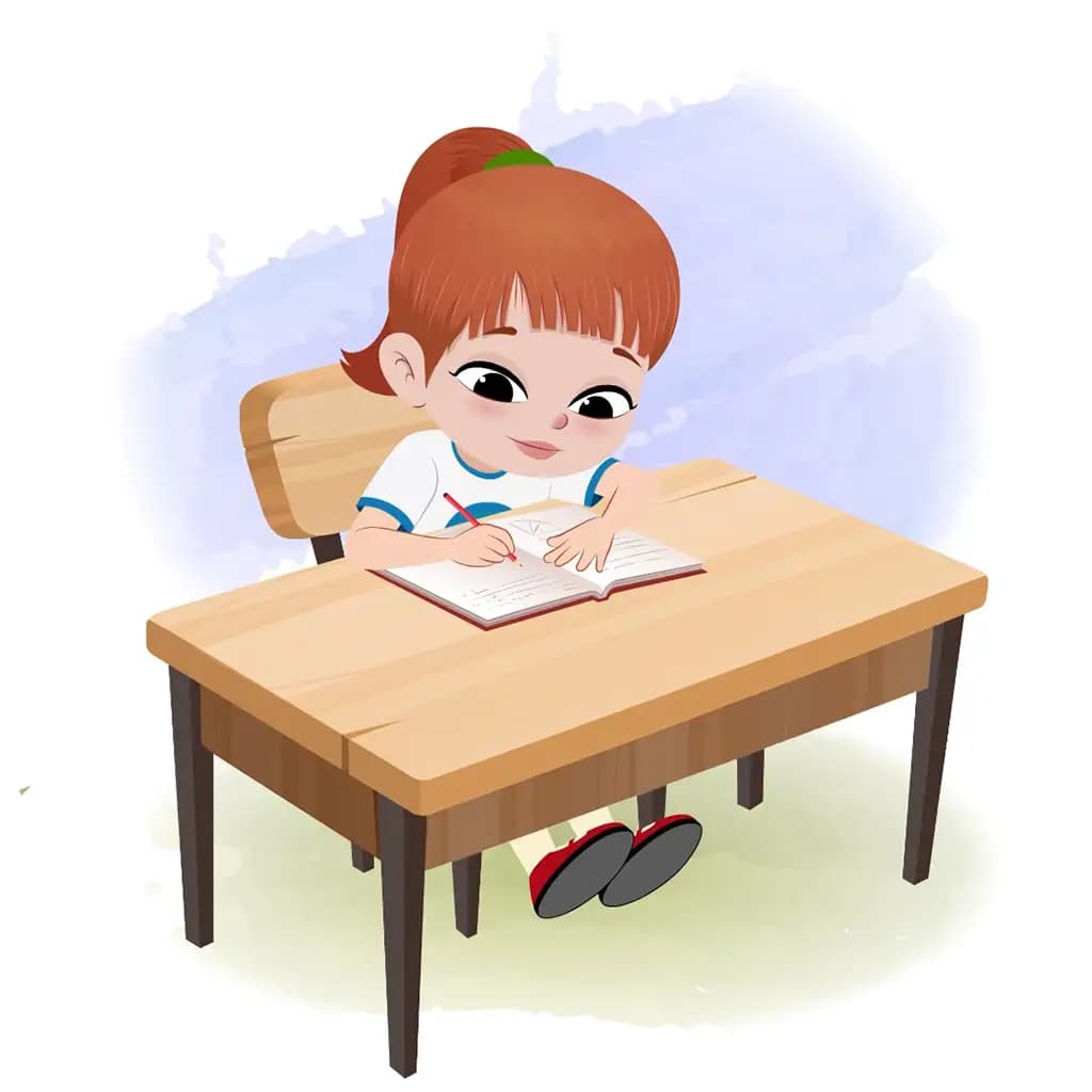 A cute little girl doing homework and sitting on the table animated cartoon character aka kathy