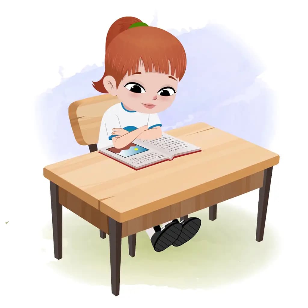 A cute little girl reading a book and sitting on the table animated cartoon character aka kathy
