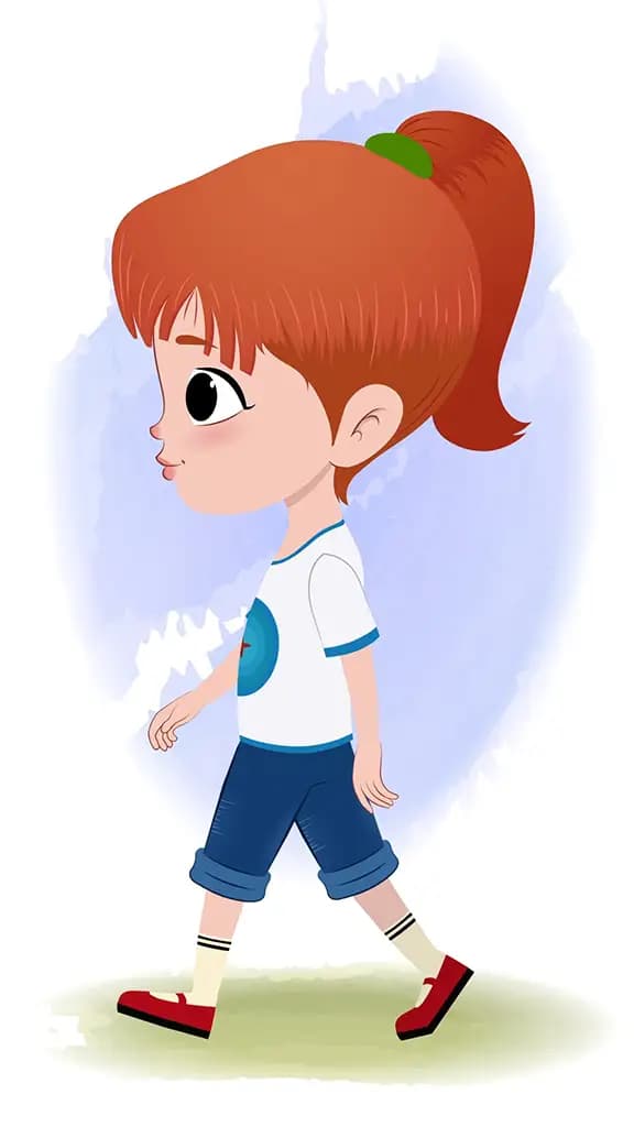A cute little girl walking side view animated cartoon character aka kathy
