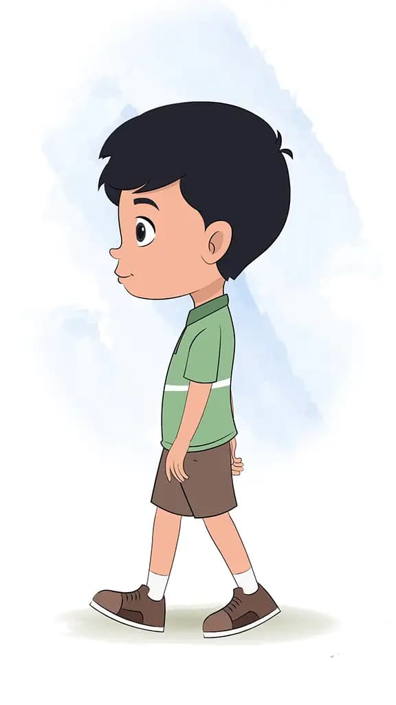 A cute Indian boy walking side view animated cartoon character aka ivaan