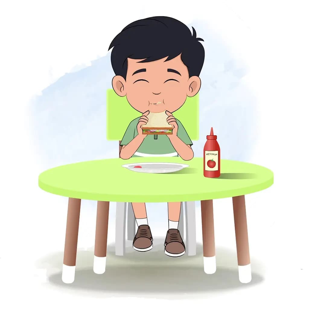 A cute Indian boy animated cartoon character sitting at a table and eating a sandwich aka ivaan