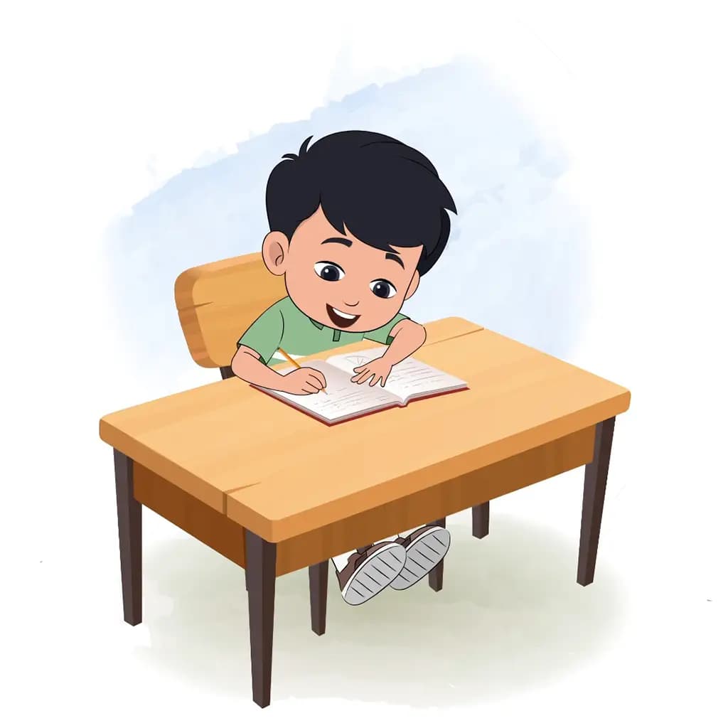A cute Indian boy doing homework and sitting on the table animated cartoon character aka ivaan