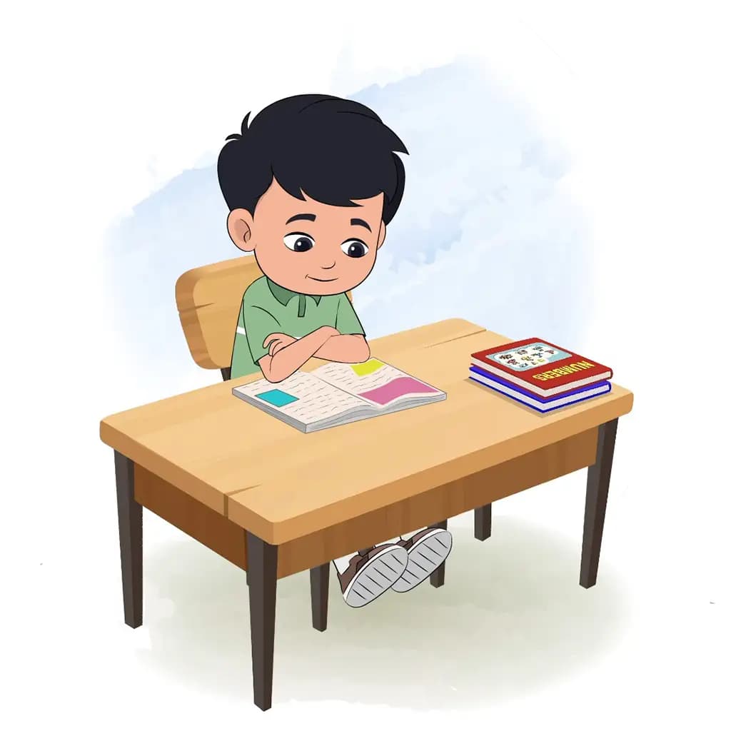 A cute Indian boy reading a book and sitting on the table animated cartoon character aka ivaan