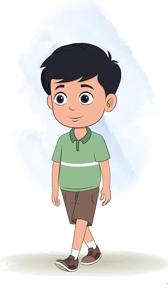 A cute Indian boy 3/4 front view/three quarter view walking animated cartoon character aka ivaan 3/4