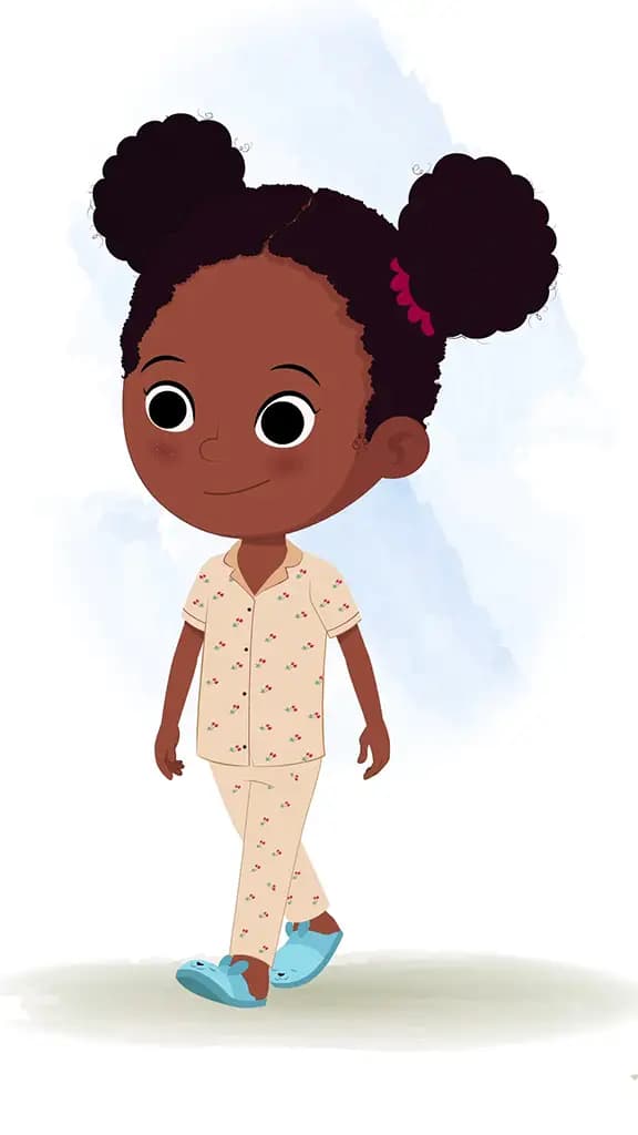 A little black girl 3/4 front view/three quarter view walking animated cartoon character aka kaya