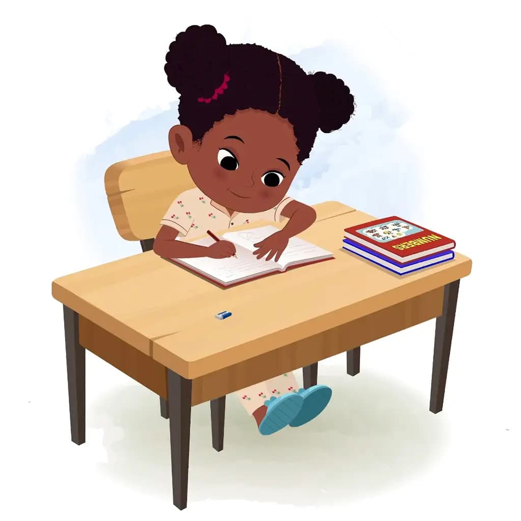 A little black girl doing homework and sitting on the table animated cartoon character aka kaya