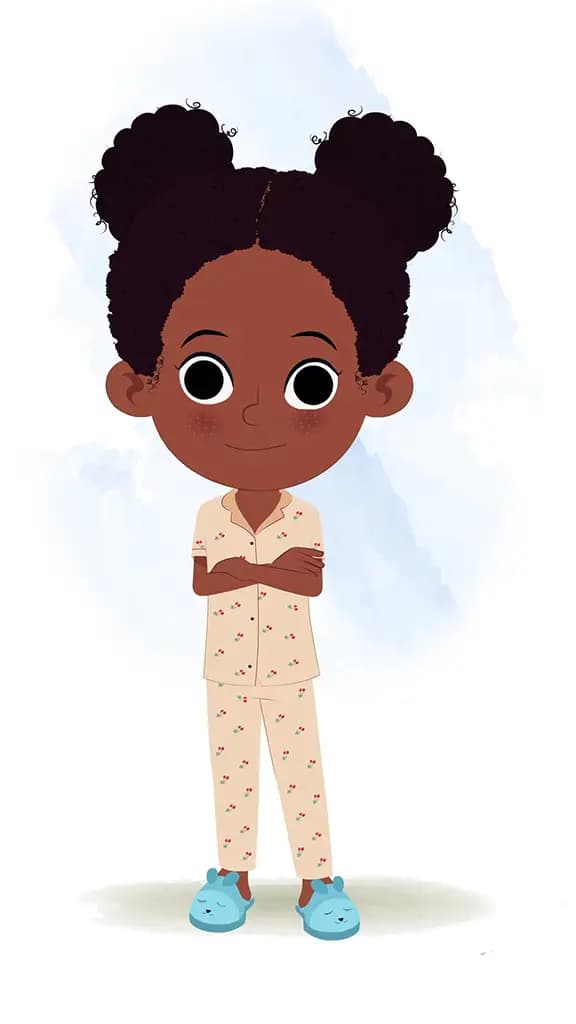 A little black girl standing with cross hand and talking animated cartoon character aka kaya