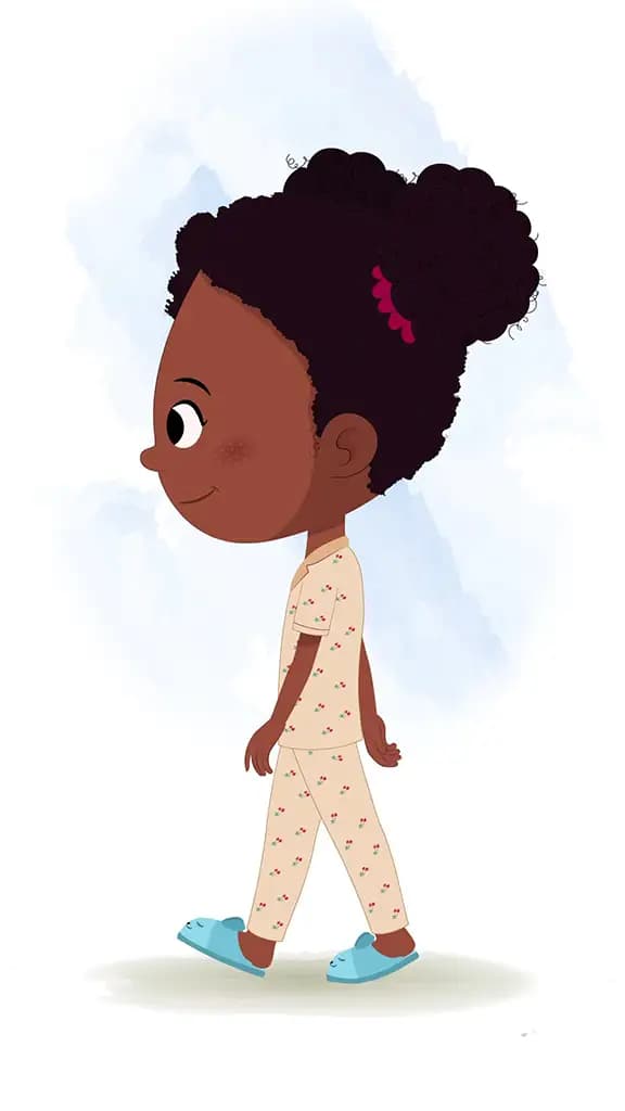 A little black girl walking side view animated cartoon character aka kaya