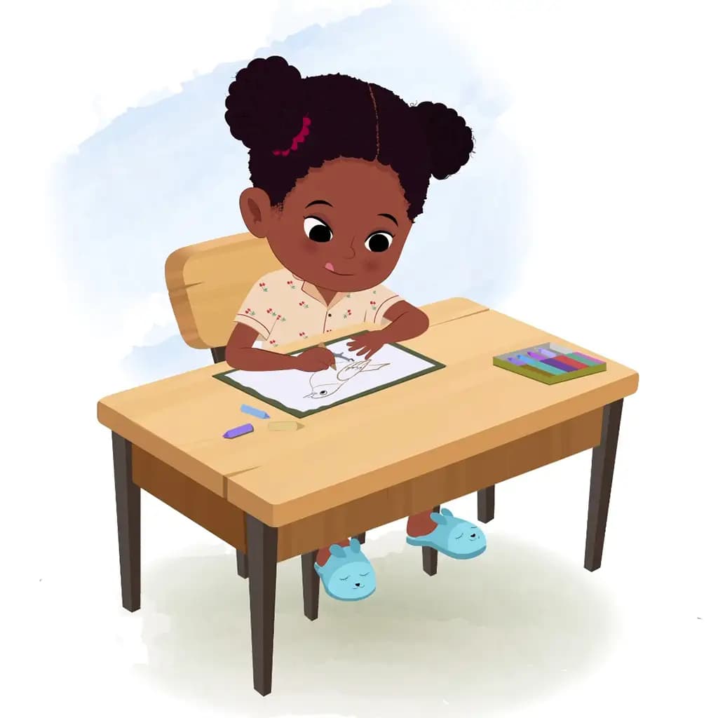 A little black girl is sitting at a table with some crayons and coloring on the paper aka kaya