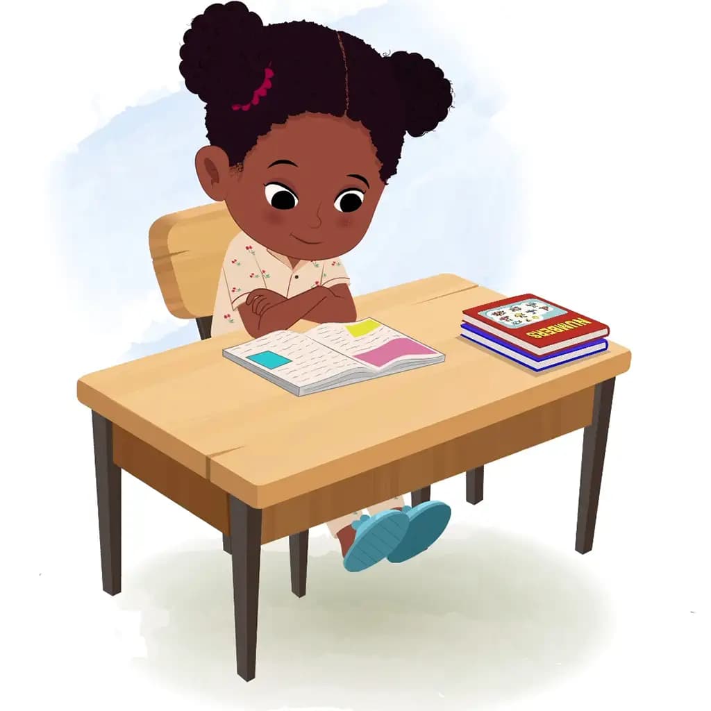 A little black girl reading a book and sitting on the table animated cartoon character aka kaya