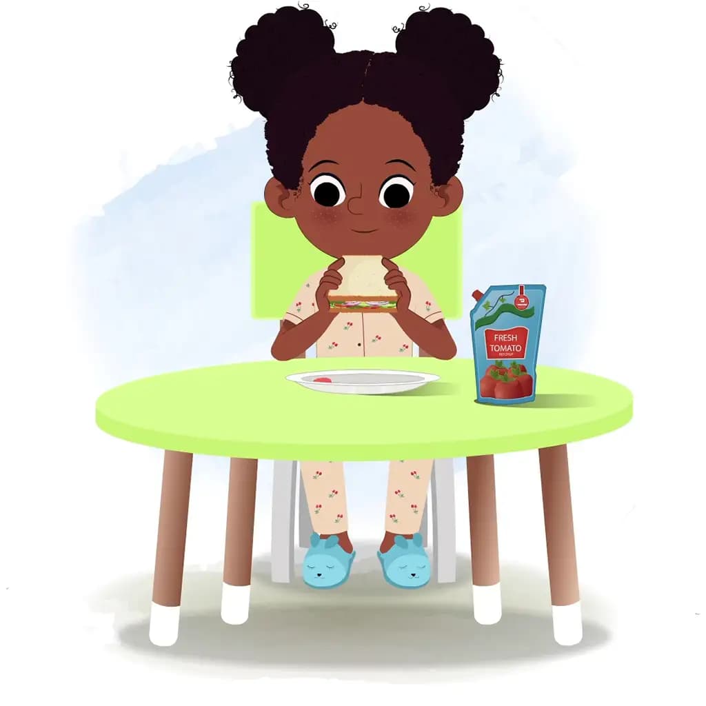 A little black girl animated cartoon character sitting at a table and eating a sandwich aka kaya
