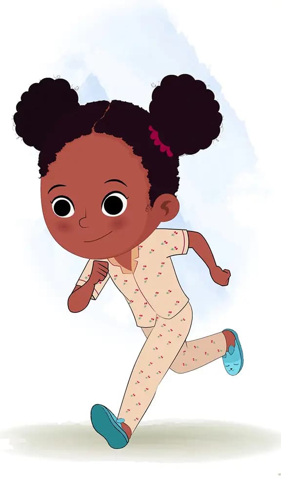 A little black girl running three quarter view animated cartoon character aka kaya