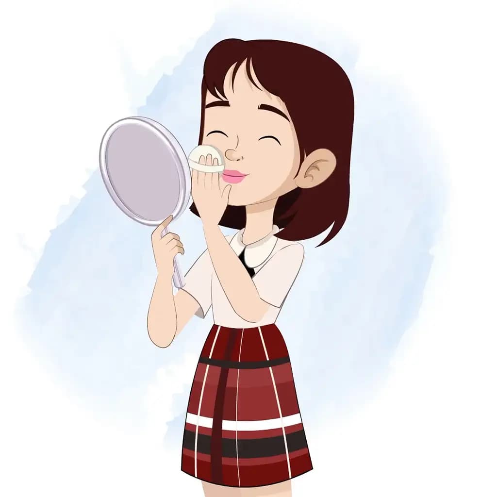 A skinny girl animated cartoon character doing make up girl holding brush and mirror aka rax