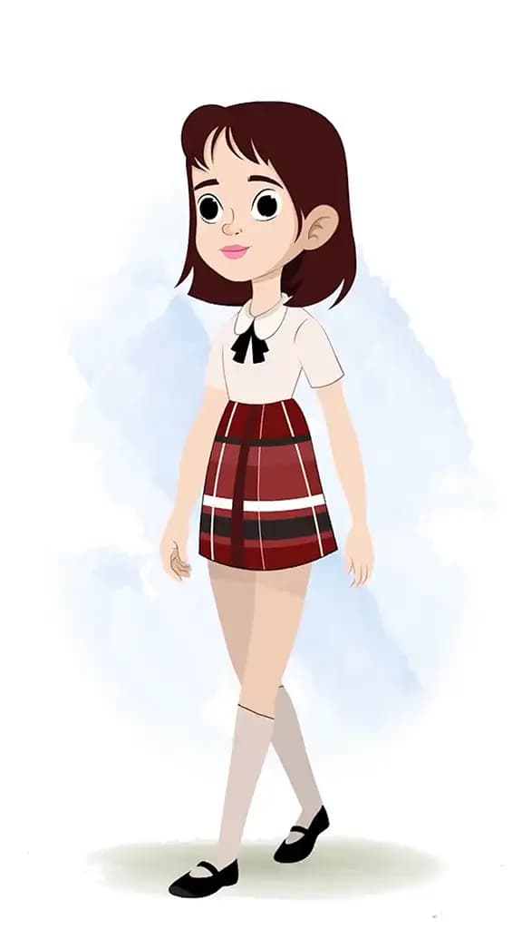 A skinny girl 3/4 front view/three quarter view walking animated cartoon character aka rax