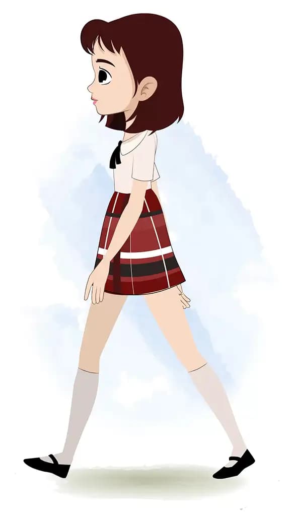 A skinny girl walking side view animated cartoon character aka rax
