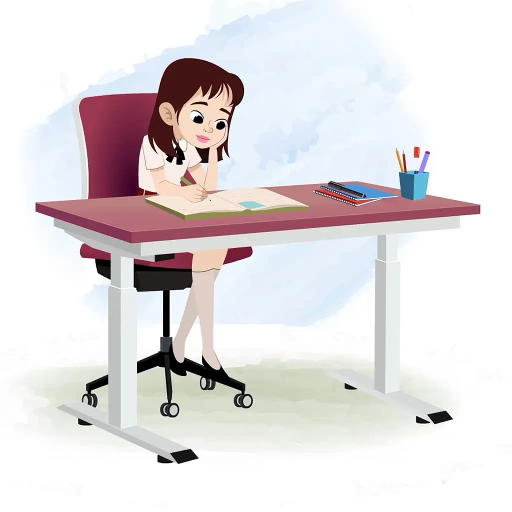 A skinny girl doing homework and sitting on the table animated cartoon character aka rax